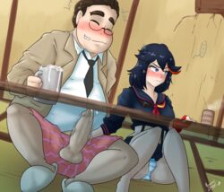 1boy 1boy1girl 1girls big_penis black_hair blue_eyes blush cheating cheating_husband clothed_female_nude_male embarrassed fat_man father_and_daughter's_friend hair handjob kill_la_kill knees_together_feet_apart leaking_cum light-skinned_female light_skin looking_away mankanshoku_barazou matoi_ryuuko nayaase_beleguii nervous older_man_and_teenage_girl older_man_and_younger_girl pale-skinned_female pale_skin panchira_(sitting) penis penis_out schoolgirl senketsu short_hair small_waist stealth_handjob striped_panties uncomfortable under_the_table upskirt rating:Explicit score:223 user:LillithR