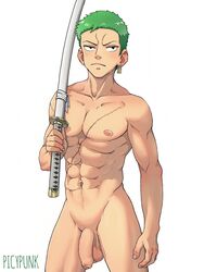  1boy abs earrings flaccid flaccid_cock flaccid_penis foreskin green_hair katana male male_only muscular muscular_male nipples one_piece penis picypunk roronoa_zoro scar scared six_pack sword  rating:explicit score: user:biboooy17