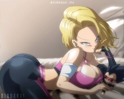 1girls android android_18 ass bed blonde_hair blue_eyes breasts cleavage dindakai doll dragon_ball dragon_ball_z female looking_at_viewer lying mature mature_female midriff milf on_stomach shiny_skin solo stuffed_toy sunglasses thighs tight_clothing vegeta workout_clothes rating:Explicit score:179 user:Ballisthick