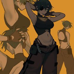 armpits arms_up ass back backless_outfit black_hair black_jacket breasts butt_crack chainsaw_man collage cropped_jacket ear_piercing female green_eyes green_nails green_theme highres himeno_(chainsaw_man) jacket knife liowig looking_at_viewer medium_breasts midriff midriff_baring_shirt nail_polish narrow_waist orange_background orange_theme piercing short_hair simple_background solo tank_top thong rating:Safe score:92 user:Riflemanharris