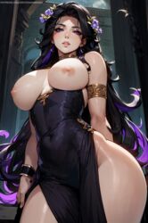 1girls ai_assisted ai_generated black_hair breasts breasts_out dress erotic_nansensu goddess greek_mythology hair_flower hair_ornament large_breasts looking_at_viewer mythology nyx_(greek_mythology) purple_eyes solo solo_female solo_focus stable_diffusion variant rating:Explicit score:247 user:ToggafNaelik