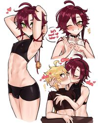 2boys aether_(genshin_impact) amber_eyes armpits blonde_hair blush btms666 crop_top english_text femboy genshin_impact green_eyes kissing male male_only males_only red_hair shikanoin_heizou rating:Questionable score:281 user:VarSyn