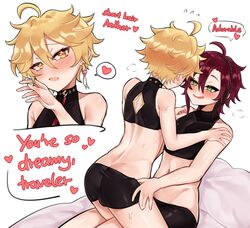 2boys aether_(genshin_impact) amber_eyes blonde_hair blush btms666 crop_top earrings english_text femboy genshin_impact green_eyes male male_only males_only red_hair shikanoin_heizou short_hair straddling rating:Questionable score:151 user:VarSyn