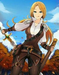 1girls ai_generated armor big_breasts blonde_hair blouse breasts cleavage corset female female_only gloves leather lingerie long_hair puffy_sleeves shirt sword very_long_hair rating:Explicit score:4 user:Adruguser777