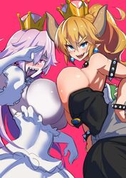 2girls blonde_hair boosette bowsette breasts breasts_out clothing dress female female_only long_hair looking_at_viewer mario_(series) multiple_girls new_super_mario_bros._u_deluxe nuezou pink_background simple_background standing super_crown symmetrical_docking rating:Explicit score:239 user:Anonirock