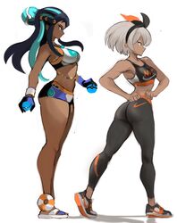 2girls ass bea_(pokemon) black_hair blue_eyes breasts brown_skin dark-skinned_female dark_skin female grey_hair hi_res large_ass large_breasts long_hair nessa_(pokemon) nintendo pokemon pokemon_ss rakeemspoon short_hair simple_background sportswear thighs yoga_pants rating:Questionable score:248 user:Aeolus_HX