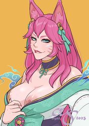 9_tails ahri argskit blue_eyes facial_markings fox fox_ears fox_girl league_of_legends nine_tailed_fox nipple_piercing pink_hair spirit_blossom_ahri spirit_blossom_series vastaya veiny_breasts rating:Explicit score:77 user:KitKatKunt