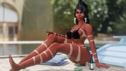 1girls bikini black_bikini black_bra black_hair black_hair_female cigarette dark-skinned_female dark_skin female female_focus female_only green_eyes green_eyes_female hair_tied league_of_legends looking_at_viewer nidalee otaviox6 ponytail poolside riot_games solo solo_female solo_focus tribal_markings tribal_tattoo tribal_tattoos rating:Questionable score:71 user:GLVee