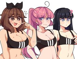 3girls athletic athletic_female bangs bare_midriff big_breasts black_hair blue_eyes breast_envy breasts brown_eyes brown_hair busty cleavage female female_focus female_only hourglass_figure lmyeyi long_hair medium_breasts medium_support_(meme) meme meme_attire navel oc original_character pink_hair ponytail purple_eyes short_hair small_breasts sports_bra sportswear sweat tagme wide_hips rating:Explicit score:74 user:droid377