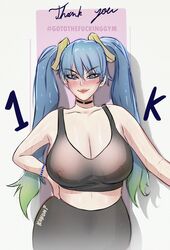 1girls alternate_costume artist_name blue_hair breasts busty choker clothed curvaceous curvy curvy_figure eyebrows_visible_through_hair female female_only follower_celebration green_hair gym gym_uniform hand_on_hip huge_breasts konomidraw large_breasts league_of_legends league_of_legends:_wild_rift light-skinned_female light_skin long_hair looking_at_viewer makeup milestone_celebration nipples nipples_visible_through_clothing riot_games see-through see-through_bra see-through_clothing see-through_top shiny_skin sketch sona_buvelle sports_bra sweat sweating twintails two_tone_hair very_long_hair wet workout_clothes yellow_hair rating:Questionable score:63 user:dd51