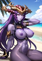 ai_generated beach breasts league_of_legends long_hair naked naked_female nipples purple_nipples purple_skin shyvana solo solo_female rating:Explicit score:52 user:NoreZ