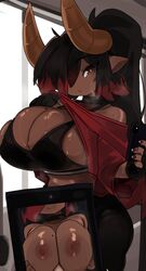 1boy 1girls big_breasts black_hair breasts ciel_ushi clothes_lift dark-skinned_female dark_skin draph draph_race_(granblue_fantasy) female granblue_fantasy hair_over_one_eye hi_res highlights_(coloring) horns huge_breasts light-skinned_male light_skin long_hair looking_at_viewer male nipples original original_character paizuri penis phone phone_screen pointy_ears red_eyes red_highlights shortstack sports_bra sportswear sweat sweaty_body titjob uncensored zanamaoria rating:Explicit score:324 user:Aeolus_HX