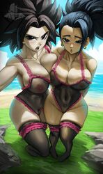 2girls big_breasts black_hair breast_press breasts caulifla clothing dragon_ball dragon_ball_super ear_piercing earrings elitenappa female female_only female_saiyan kale looking_at_viewer nipples piercing pubic_hair pussy saiyan see-through see-through_clothing thick_thighs thighhighs universe_6/universe_7 wide_hips rating:Explicit score:234 user:Rex_Hollins