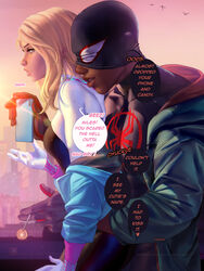 1boy 1girls blonde_hair blue_eyes bodysuit couple dark-skinned_male dark_skin female gwen_stacy interracial jacket marvel marvel_comics medium_breasts miles_morales sakimichan spider-man spider-man:_into_the_spider-verse spider-man_(series) rating:Explicit score:58 user:Sharxi