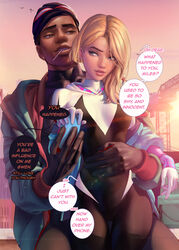 1boy 1girls blonde_hair blue_eyes bodysuit couple dark-skinned_male dark_skin female gwen_stacy interracial jacket marvel marvel_comics miles_morales sakimichan slim slim_waist small_breasts spider-man spider-man:_into_the_spider-verse spider-man_(series) sunlight thigh_gap thighs rating:Explicit score:67 user:Sharxi