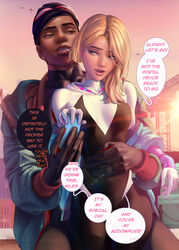 1boy 1girls blonde_hair blue_eyes bodysuit couple dark-skinned_male dark_skin female gwen_stacy interracial jacket marvel marvel_comics miles_morales sakimichan small_breasts spider-man spider-man:_into_the_spider-verse spider-man_(series) rating:Questionable score:56 user:Sharxi