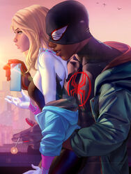 1boy 1girls blonde_hair blue_eyes bodysuit couple dark-skinned_male dark_skin female gwen_stacy interracial jacket marvel marvel_comics medium_breasts miles_morales sakimichan spider-man spider-man:_into_the_spider-verse spider-man_(series) rating:Questionable score:21 user:Sharxi