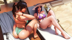 2girls ass azuma_yasuo azumaarts beach big_ass big_breasts bikini blue_eyes bracelet breasts brown_eyes brown_hair bubble_butt busty caitlyn_kiramman eyewear_on_head female female_focus female_only hourglass_figure huge_breasts kneeling lara_croft lara_croft_(survivor) large_breasts league_of_legends long_hair micro_bikini nail_polish ponytail pool_party_caitlyn pool_party_series purple_hair rear_view skimpy skimpy_clothes solo sunglasses_on_head swimsuit thick_thighs tomb_raider tomb_raider_(survivor) wide_hips rating:Explicit score:168 user:Crcole331