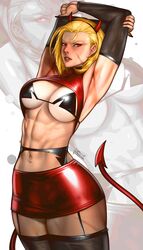 1girls abs armpits arms_behind_head arms_up artist_name ass big_ass big_breasts black_bra blonde_hair bra cammy_white capcom cosplay cowboy_shot demon_girl fake_horns hibren horns looking_at_viewer miniskirt nail_polish navel parted_lips red_eyes red_nails short_hair signature solo street_fighter street_fighter_6 succubus tail thick_thighs thighhighs thunder_thighs toned wide_hips rating:Questionable score:63 user:goplaykof