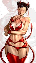 1girls abs artist_name asian asian_female ass bare_shoulders big_ass big_breasts black_hair capcom chun-li cleavage cosplay demon_girl demon_horns earrings fake_horns hibren horns large_breasts looking_at_viewer navel red_eyes sideboob signature smile solo spiked_bracelet street_fighter street_fighter_6 succubus tail thighhighs tongue_out wide_hips rating:Questionable score:92 user:goplaykof