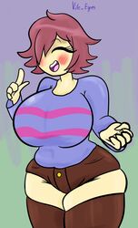 big_breasts big_thighs blue_shirt blush breasts brown_hair eye_closed female_frisk frisk green_background no_dialogue pink_stripes red_blush short_hair shorts small_waist smile stockings striped_shirt tagme thick_thighs thighs tongue undertale undertale_(series) white_teeth rating:Questionable score:17 user:HungStudAzzy