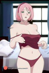 1girls adapted_costume agung911 bare_legs bare_midriff bare_shoulders bare_thighs bedroom blush boruto:_naruto_next_generations breasts clavicle cleavage collarbone curvaceous curvy curvy_body curvy_female curvy_figure facial_mark female female_only forehead_mark front_view green_eyes hair_ornament hairband high_resolution indoors legs_together lifted_by_self light-skinned_female light_skin looking_at_viewer mature mature_female messy messy_hair midriff milf naruto naruto_(series) navel no_bra open_mouth paipan pale-skinned_female pale_skin panties patreon_username petite pink_hair pinup sakura_haruno solo solo_focus strap_slip taking_clothes_off tank_top tease teasing teasing_viewer text thighs underwear undressing url watermark web_address rating:Questionable score:75 user:Viewtiful