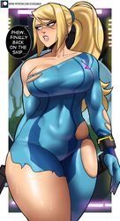 1female 1girls 1male absurdres big_breasts blonde_hair blue_eyes bodysuit breasts echosaber english_text female light-skinned_female long_hair metroid nintendo patreon_logo patreon_url ripped_bodysuit samus_aran solo text thick_thighs torn_clothes zero_suit_samus rating:Questionable score:291 user:MaskedBug