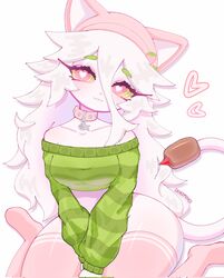 beanie beanie_hat cat_ears cat_humanoid cat_tail catgirl cattail_(chikomokii) cattail_(pvz) chikomokii green_clothing heart pink_body pink_hair plants_vs_zombies thighhighs rating:Explicit score:225 user:SoChihiro