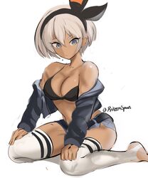 1girls artist_signature bea_(pokemon) big_breasts blue_eyes bra breasts brown_skin dark-skinned_female dark_skin feet_out_of_frame female_focus grey_hair hairband kneeling nintendo open_clothes pokemon_ss rakeemspoon ribbon short_hair short_shorts shorts socks solo white_background rating:Explicit score:146 user:TwistyTurnip