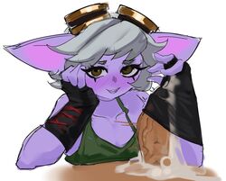 1boy 1girls animal_ears blush brown_eyes clothed cum cum_in_glove glovejob gloves goggles league_of_legends leaking_cum looking_at_viewer null0patience short_hair shortstack smile tristana white_hair yordle rating:Explicit score:126 user:LukeSkyLuke