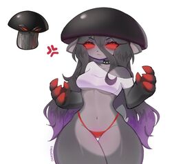 angry black_body black_hair chikomokii doom-shroom_(pvz) fungy mushroom mushroom_girl mushroom_hat mushroom_humanoid plants_vs_zombies red_eyes red_panties rule_63 white_shirt rating:Explicit score:114 user:SoChihiro