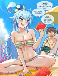 1boy 1girls aqua_(konosuba) beach big_breasts bikini blue_eyes blue_hair breasts cleavage english_text kono_subarashii_sekai_ni_shukufuku_wo! satou_kazuma snegovski sweat sweatdrop swimsuit tentacles text thirst_trap watermelon rating:Questionable score:266 user:goldyroger