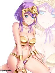 1girls alternate_costume armlet bernadetta_von_varley bikini blue_eyes blush breasts choker cleavage collarbone cosplay earrings embarrassed english_commentary etchimune female female_only fire_emblem fire_emblem:_three_houses gold_bikini headpiece jewelry large_breasts looking_at_viewer metal_bikini navel nintendo post-timeskip purple_hair revealing_clothes shantae shantae_(cosplay) short_hair short_hair_with_long_locks simple_background sitting smile solo swimsuit tareme thigh_strap thighs twitter_username wariza white_background wide_hips rating:Questionable score:34 user:goldyroger