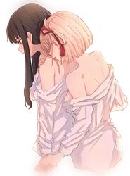 2girls bare_shoulders black_hair blonde_hair blush bob_cut breasts closed_mouth clothed clothing commentary_request cropped_torso dress_shirt female female_only from_behind futaba_(rei-futaba) hair_ribbon hand_on_own_shoulder highres holding_hands hug hug_from_behind human inoue_takina light-skinned_female light_skin long_hair long_sleeves lycoris_recoil medium_breasts mostly_clothed multiple_girls nishikigi_chisato off_shoulder one_side_up parted_lips partially_undressed puffy_sleeves purple_eyes red_ribbon ribbon scar scar_on_back scar_on_shoulders shirt short_hair sideboob sidelocks simple_background undressing white_background white_shirt yuri rating:Questionable score:44 user:Viewtiful