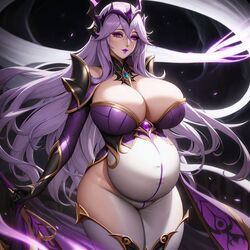 ai_generated big_belly heavily_pregnant league_of_legends pregnant purple_eyes purple_lips purple_lipstick syndra unstable_diffusion white_hair rating:Explicit score:12 user:Random.....