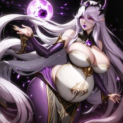 ai_generated big_belly heavily_pregnant league_of_legends pregnant purple_eyes purple_lips purple_lipstick syndra unstable_diffusion white_hair rating:Explicit score:12 user:Random.....