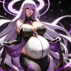 ai_generated big_belly heavily_pregnant league_of_legends pregnant purple_eyes purple_lips purple_lipstick syndra unstable_diffusion white_hair rating:Explicit score:10 user:Random.....