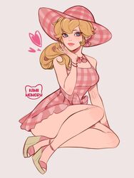 1girls ass_focus ass_visible_through_thighs big_lips blonde_hair blue_eyes collar feet female female_only feminine heart heels kamii_momoru light-skinned_female light_skin long_hair mario_(series) nail_polish nintendo pink_dress pink_hat pink_nail_polish pink_nails ponytail princess_peach sun_hat thick_thighs wedge_heels rating:Questionable score:170 user:Nexter69