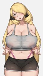 1girls big_breasts blonde_hair bobtheneet cleavage clothing covered_nipples cynthia_(pokemon) female female_only grey_eyes hair_over_one_eye light-skinned_female light_skin long_hair nintendo pokemon pokemon_dppt shorts solo tagme rating:Explicit score:240 user:deleted107808