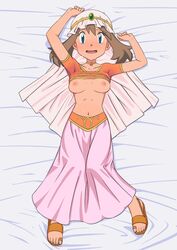 armpits arms_up bed belly_dancer belly_dancer_outfit blue_eyes brown_hair contest_dress game_freak harem harem_girl harem_outfit haruka_(pokemon) may_(pokemon) may_(pokemon)_(arabian_princess) miraa_(chikurin) nervous pokemon shirt_up white_body white_skin rating:Explicit score:37 user:ToxicMonkeyz