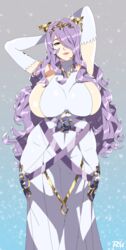 1girls absurdres alternate_costume arms_behind_head blue_background breasts camilla_(adrift)_(fire_emblem) camilla_(fire_emblem) curvy dress elbow_gloves female fire_emblem fire_emblem_fates fire_emblem_heroes gloves grey_background hair_over_one_eye highres hips horns hourglass_figure huge_breasts light-skinned_female light_skin lipstick long_hair looking_at_viewer makeup nintendo official_alternate_costume pink_lips pink_lipstick plump purple_eyes purple_hair r3dfive sideboob smile solo sparkle thick_thighs thighs very_long_hair voluptuous wide_hips rating:Questionable score:73 user:kris923