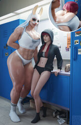 2girls abs big_dom_small_sub bra breast_smother dead_by_daylight face_in_breasts gym hoodie huntress_(dead_by_daylight) larger_female lesbian locker_room muscular muscular_female sandreiio shoes size_difference socks susie_(dead_by_daylight) sweat sweatdrop yuri rating:Questionable score:337 user:deleted103755