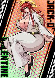 1girls acraeaaconite artist_request cleavage green_eyes guilty_gear heels jack-o'_valentine red_hair solo text track_suit two_tone_hair white_hair rating:Questionable score:49 user:anonim340