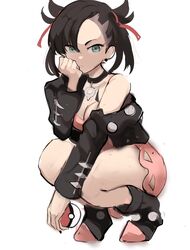 1girls black_hair black_jacket boots breasts clothed clothed_female dress female_only green_eyes holding_object jacket leather_jacket marnie_(pokemon) medium_breasts medium_hair nintendo pink_dress pokeball pokemon_ss rakeemspoon short_dress squatting tagme thick_thighs thighs twintails rating:Explicit score:92 user:TwistyTurnip