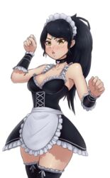 1girl 1girls 2d black_hair black_hair_female boob_window collar female forehead_jewel french_maid french_maid_nidalee gem_on_forehead honeyshaman irritated jewel_on_forehead league_of_legends loveheart maid_apron maid_dress maid_headdress maid_outfit maid_stockings maid_uniform nidalee orange_eyes orange_eyes_female riot_games simple_background slight_blush solo_female solo_focus white_background rating:Questionable score:97 user:GLVee