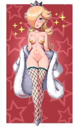 bimbo blonde_hair blue_eyes blush breasts coat fishnets high_heels looking_at_viewer mario_(series) medium_breasts nude pasties princess_rosalina sarukaiwolf star_pasties super_mario_galaxy thighhighs undressing rating:Explicit score:42 user:Hatrade