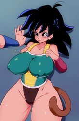 1boy 1girls against_wall bardock big_breasts black_hair dragon_ball dragon_ball_super dragon_ball_z eyebrows gine large_breasts lunaexhabbitix navel nipple_bulge saiyan saiyan_armor saiyan_tail tail thick_thighs thighs tongue tongue_out wide_hips rating:Questionable score:147 user:HughthyDerg