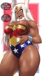 1girls :d absurd_res absurdres animal_ears bare_arms bare_shoulders big_breasts blue_nails breasts bunny_ears circlet cleavage cosplay cowboy_shot curvy dark-skinned_female dark_skin dc dc_comics echosaber english_text eyelashes female female_only groin hi_res highres large_breasts leotard long_hair miruko my_hero_academia nail_polish open_mouth pink_lips red_eyes red_nails rumi_usagiyama smile solo standing strapless strapless_leotard thick_thighs thighs very_long_hair white_hair wonder_woman_(cosplay) wonder_woman_(series) wrist_cuffs rating:Questionable score:378 user:N33dForBr33d