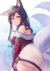 ahri ass black_hair facial_markings fox fox_ears fox_girl fox_tail league_of_legends momoirone tagme vastaya yellow_eyes rating:Questionable score:77 user:KitKatKunt