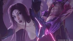 1boy 1boy1girl against_wall athletic_female big_ass bodysuit bodysuit_pull breasts breasts_out darkin doggy_style face_tattoo female from_behind half-dressed kai'sa league_of_legends league_of_legends:_wild_rift light-skinned_female looking_at_partner looking_back male outdoors partially_clothed purple_eyes purple_hair purple_skin straight that_maskey torn_bodysuit upscaled varus rating:Explicit score:169 user:Desy